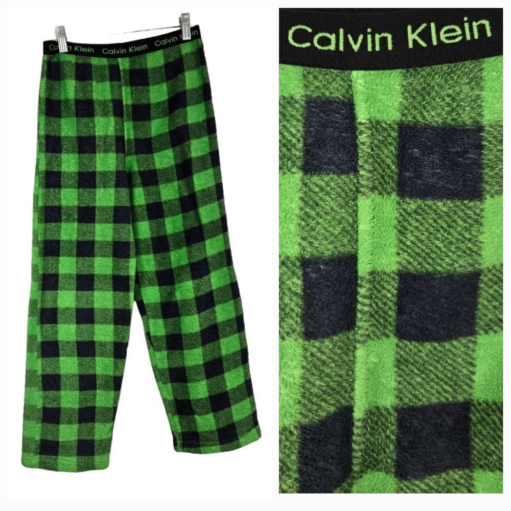 Calvin Klein Boys Cozy Fleece Pajama Bottoms Green Black Plaid Lounge Pants PJs